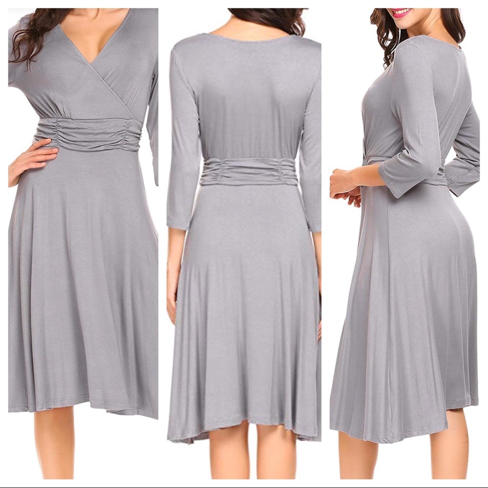 Faux Wrap Deep V Neck Qtr Sleeve Solid A-Line NWT